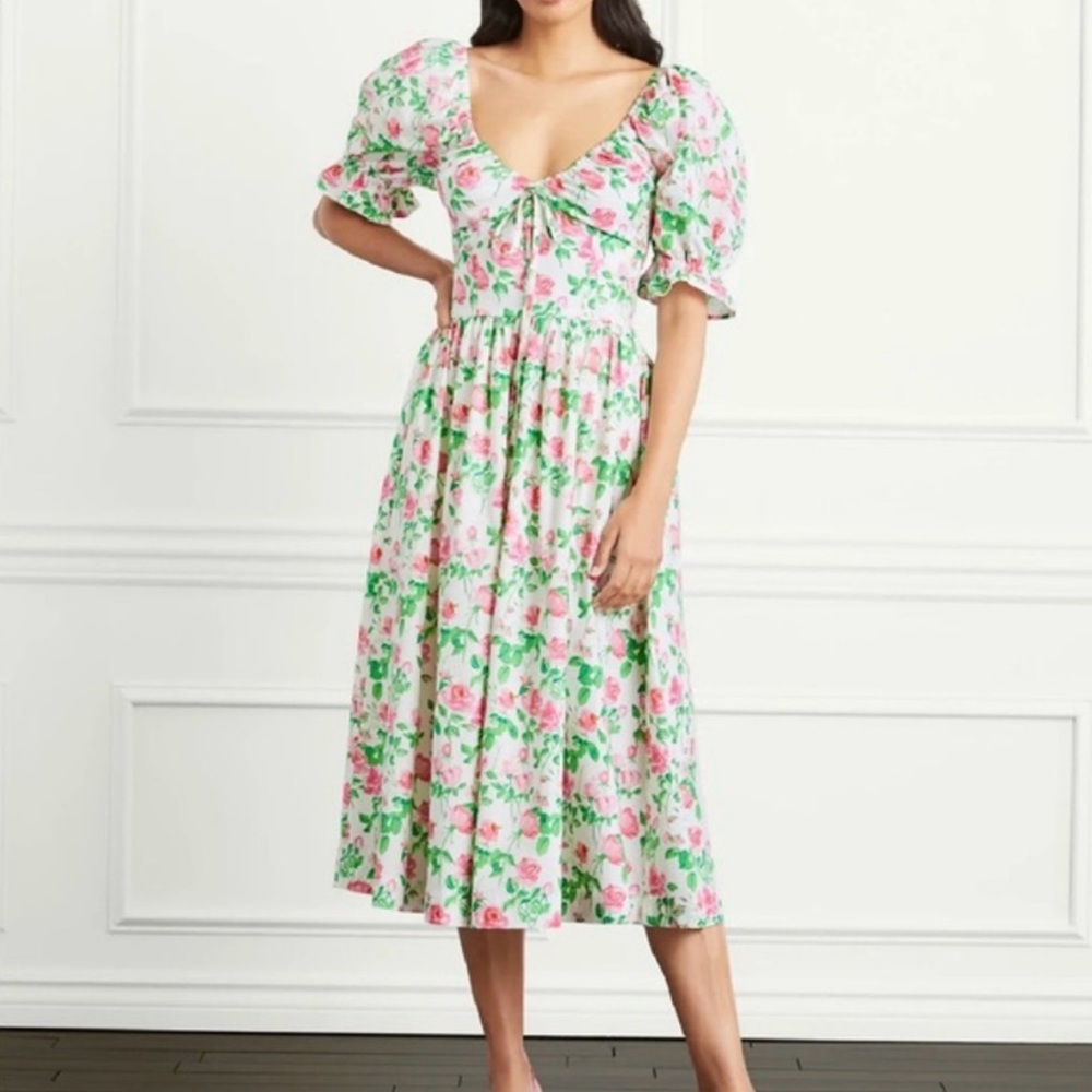 Hill house Ophelia dress Pink Rose Floral Midi Dress with Puff Sleeves